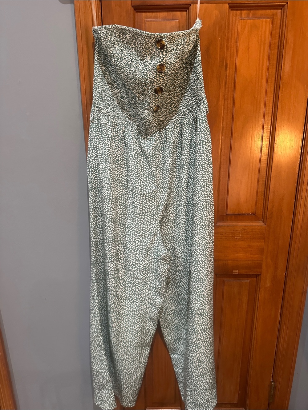 Strapless Green Printed Jumpsuit with Button Front
